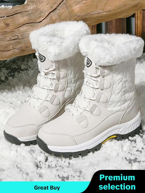 Women's Minimalist Casual Plain Lace Up Mid-calf Boots, Fashion Warm Plush Snow Boots for Outdoor Wear, Women's Boots for Fall & Winter, Boots for Women As Girlfriend Gifts for Fall 2024