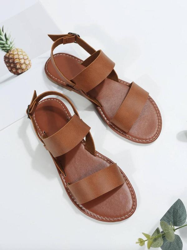 Women's Summer 2024 Fashion Solid Double Band Design Flat Sandals, Casual Versatile Vacation Beach Shoes, Trendy Matching Buckle Decor Summer Shoes, Girl's Walking Shoes