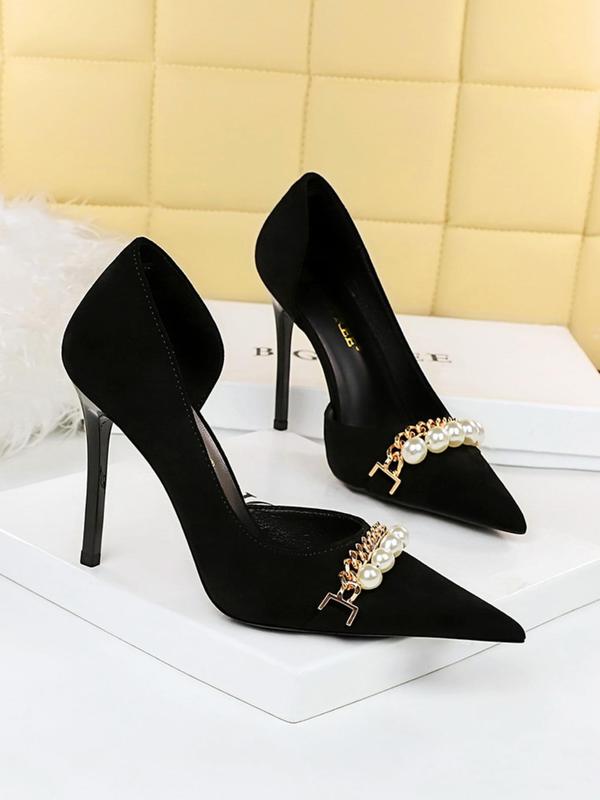 Women's Faux Pearl & Chain  Decorated High Heel Shoes, Elegant Pointed Toe Pumps for Party, Banquet, Fashionable Shoes for Daily Wear