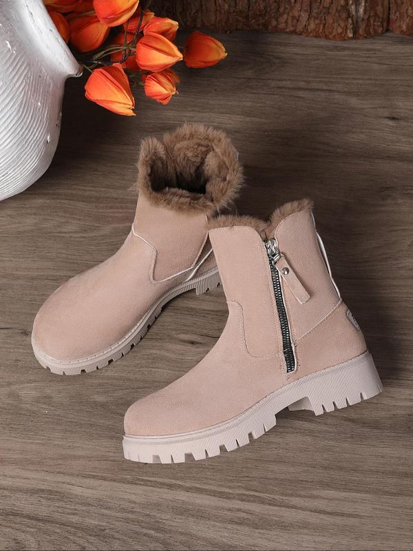 Women's Solid Side Zipper Design Thick Plush Snow Boots, Casual Comfortable Warm Ankle Boots for Fall & Winter, Female All-match Trend Boots for Daily Wear