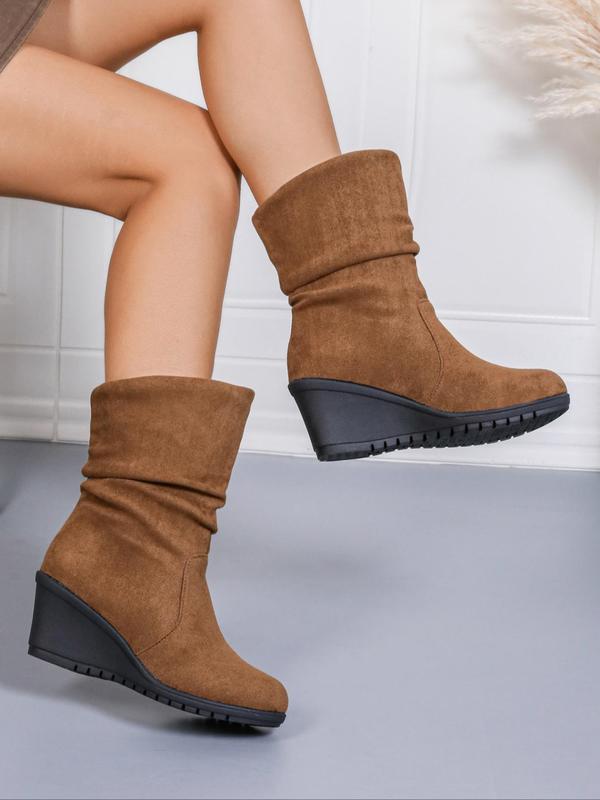 Women's Solid Color Ruched Design Wedge Boots, Casual Comfortable   Slip on  Design Boots for Fall & Winter, Female All-match Trendy Shoes for Daily Wear