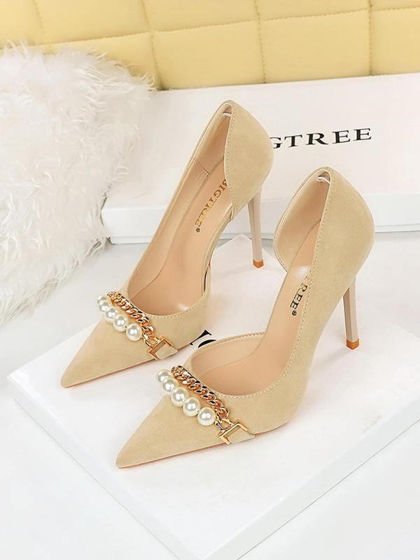 Women's Faux Pearl & Chain  Decorated High Heel Shoes, Elegant Pointed Toe Pumps for Party, Banquet, Fashionable Shoes for Daily Wear