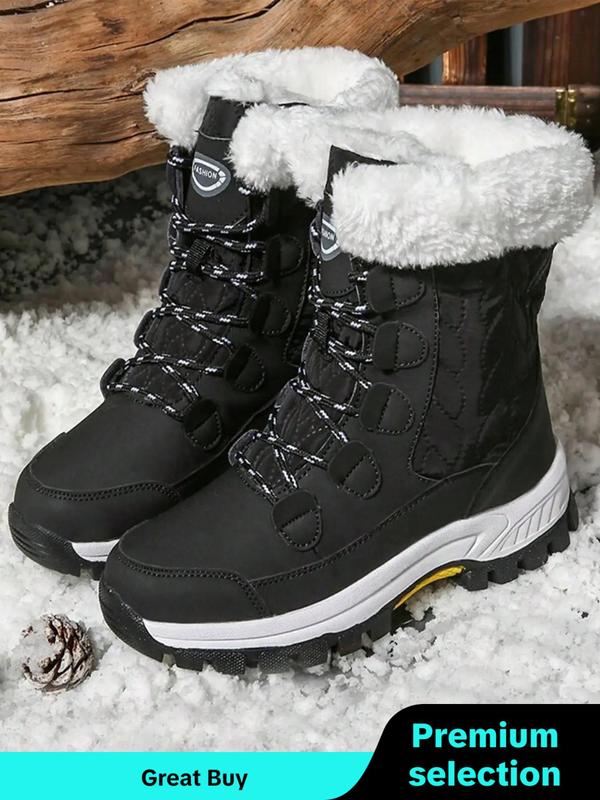 Women's Minimalist Casual Plain Lace Up Mid-calf Boots, Fashion Warm Plush Snow Boots for Outdoor Wear, Women's Boots for Fall & Winter, Boots for Women As Girlfriend Gifts for Fall 2024