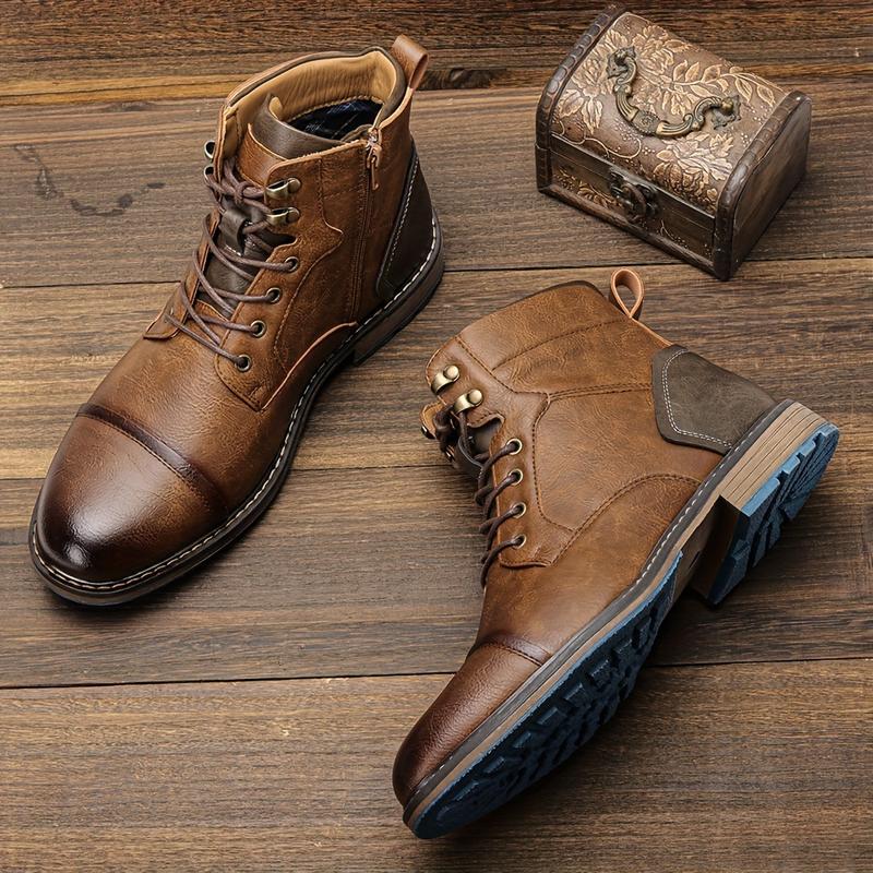 Men's Vintage Cap Head LASE-up Boots, Side Zipper, Casual PU Leather Walking Shoes