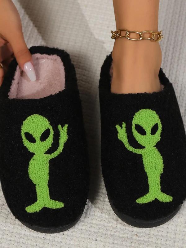 Men's Cute Cartoon Alien Pattern Plush Slippers, Casual Soft Comfortable Home Slippers, Warm Slippers for Indoor & Outdoor Use for All Seasons