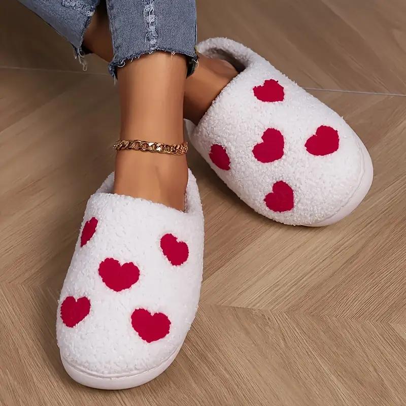 Soft Lightweight Heart Print Fluffy Slippers, Closed Toe Plush Lined Non-slip Shoes for Bedroom, Valentine's Day