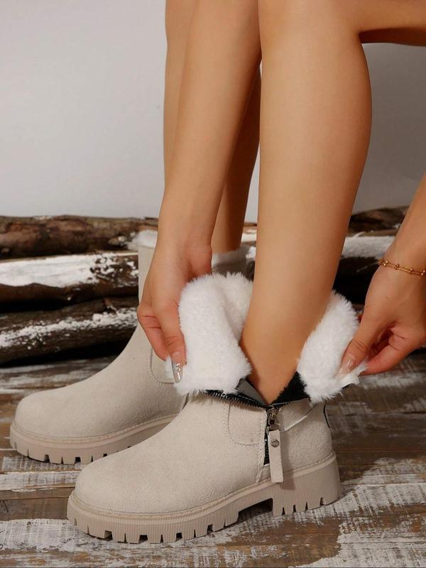 Women's Solid Side Zipper Design Thick Plush Snow Boots, Casual Comfortable Warm Ankle Boots for Fall & Winter, Female All-match Trend Boots for Daily Wear