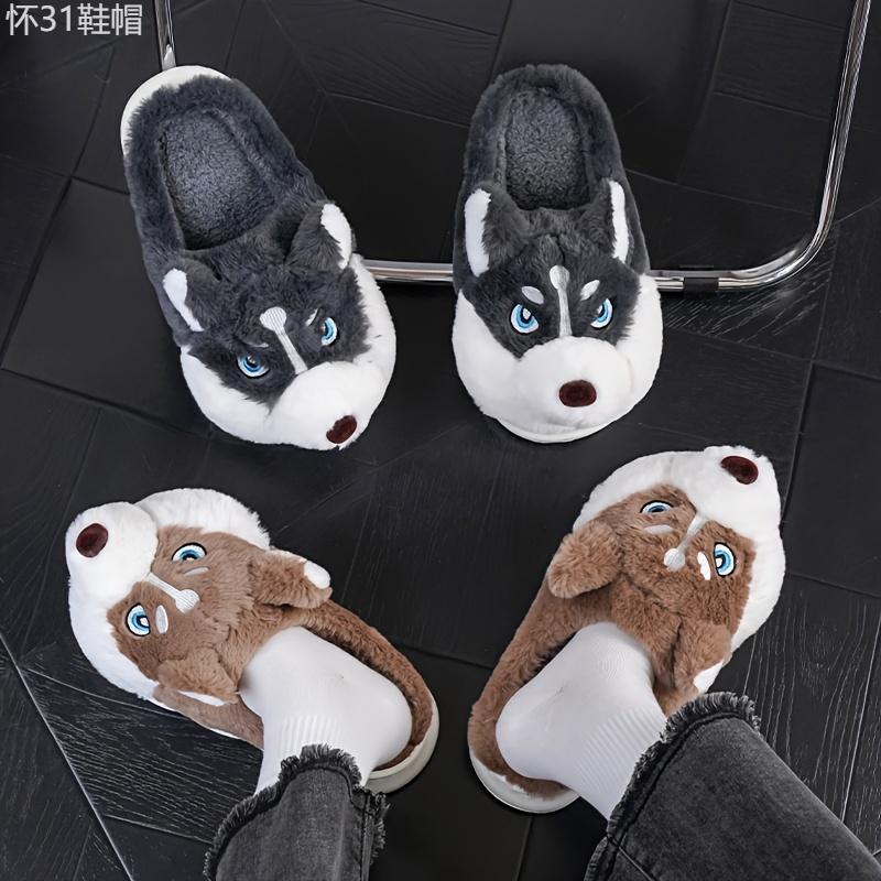 Men'S Cute Husky Style Slippers, Soft and Durable, Unisex Indoor Shoes, Waterproof Sole, Warm Winter Slippers, Casual Round Toe, One-Size-Fits-All, Cartoon Pattern, Fabric Lining and Sole Boy Slide Footwear Flipflop Walking Shoes Comfort Tsinelas Dance