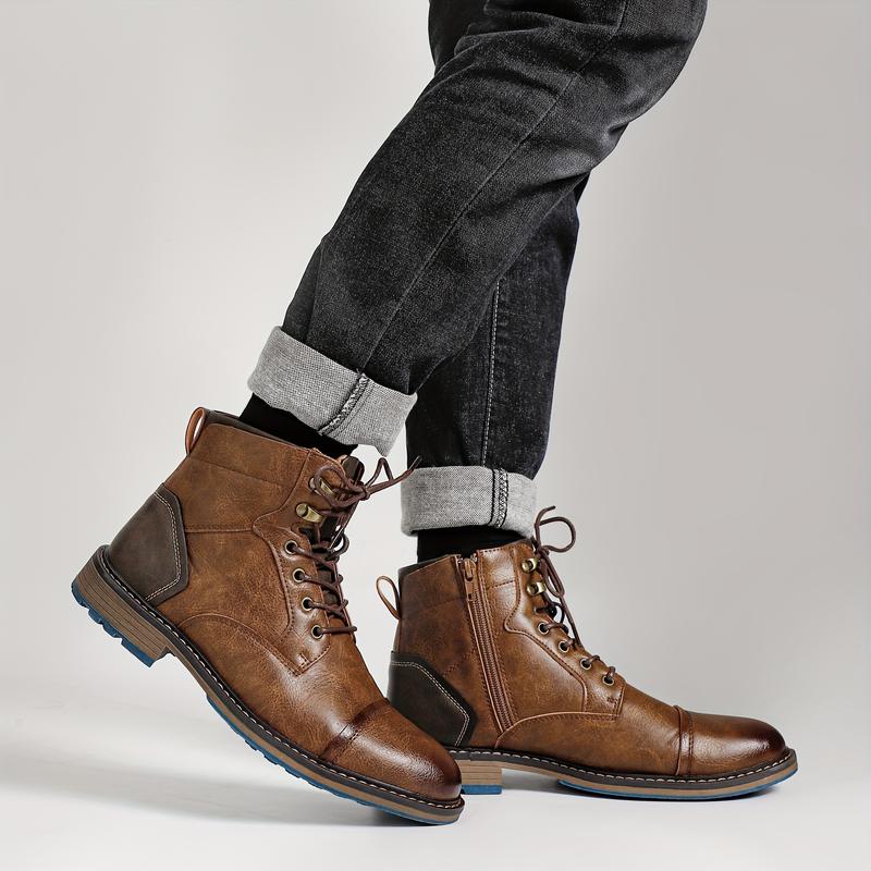 Men's Vintage Cap Head LASE-up Boots, Side Zipper, Casual PU Leather Walking Shoes