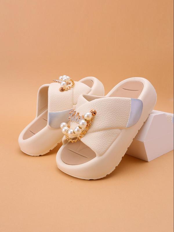 Women's Minimalist Faux Pearl Decorated Platform Slides, Casual Soft Comfortable Home Walking Shoes for Women & Girls, All-match Slides for Women, House Slippers for Indoor & Outdoor Wear