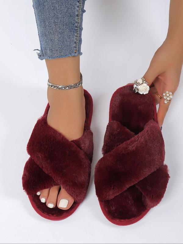 Women's Fashion Solid Color Faux Fur Slide Slippers Back To School, Comfort Sandals, Casual Soft Plush Home Slippers for Women, Home Indoor Criss Cross Bedroom House Slippers, Fluffy Fuzzy Slippers Shoes, Birthday Gifts