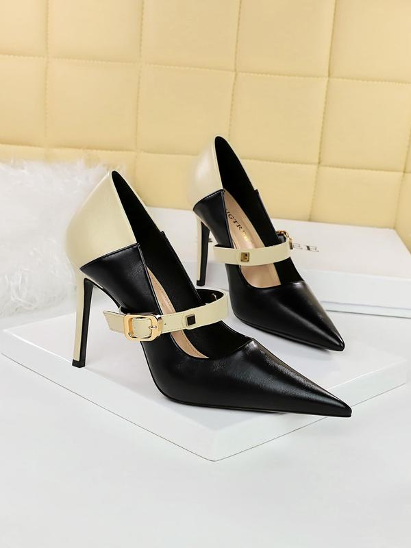 Women's Fashionable Solid Color Stiletto Heels, Buckle Patched Design Pointed Toe High Heels for Party, Daily Wear