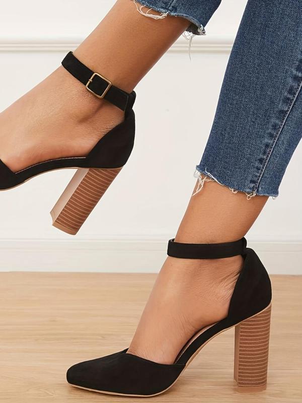 Women's Solid Color Pointed Toe Heel, Fashionable Adjustable Buckle Design High Heel for Daily Wear, Casual Chunky Block High Heel Pumps