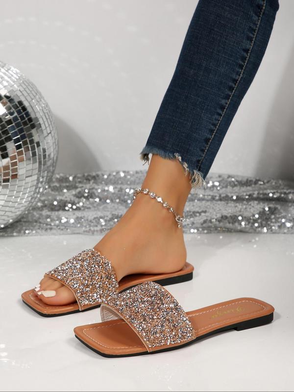 Women's Elegant Rhinestone Decor Slip on Sandals, 2024 Summer Casual Square Toe Slide Sandals for Beach, Fashion Trendy All-match Exquisite Sandals for Women & Girls for Back To School