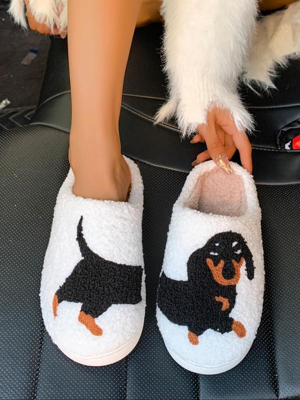 Women's Cute Cartoon Dachshund Pattern Plush Slippers, Casual Soft Comfortable Home Slippers, Warm Slippers for Indoor & Outdoor Use for Fall & Winter