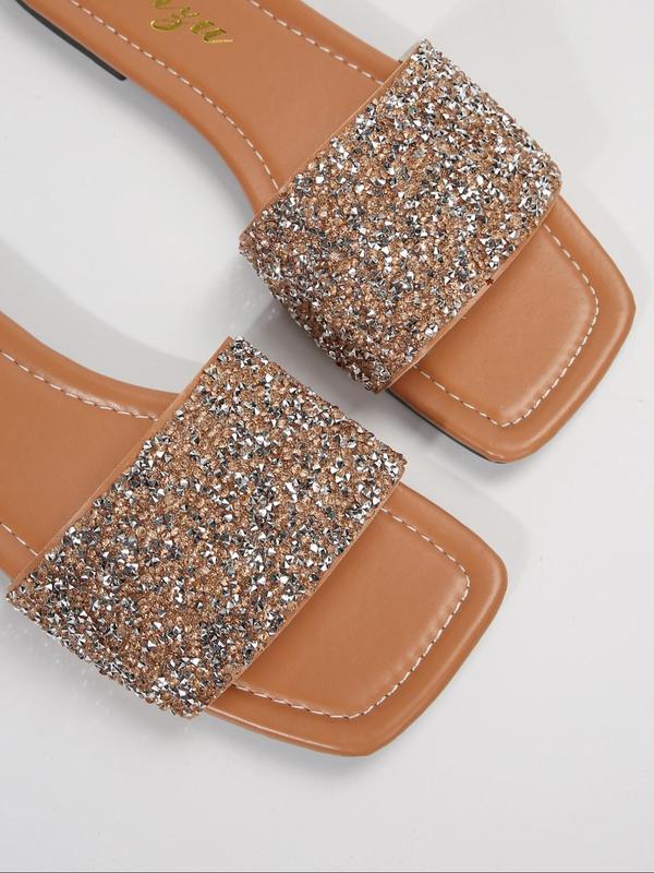 Women's Elegant Rhinestone Decor Slip on Sandals, 2024 Summer Casual Square Toe Slide Sandals for Beach, Fashion Trendy All-match Exquisite Sandals for Women & Girls for Back To School