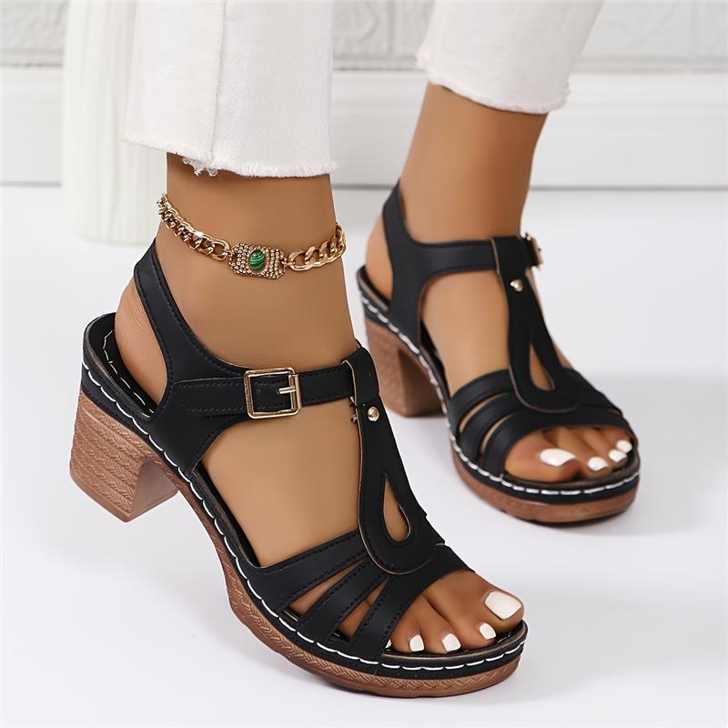 Women's Solid Color Casual Sandals, Ankle Buckle Strap Soft Sole Chunky Heels, Hollow Out Casual Wear Shoe Footwear Summer Girl Walking Shoes Tactical