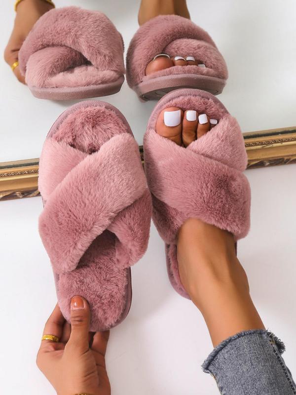 Women's Fashion Solid Color Faux Fur Slide Slippers Back To School, Comfort Sandals, Casual Soft Plush Home Slippers for Women, Home Indoor Criss Cross Bedroom House Slippers, Fluffy Fuzzy Slippers Shoes, Birthday Gifts