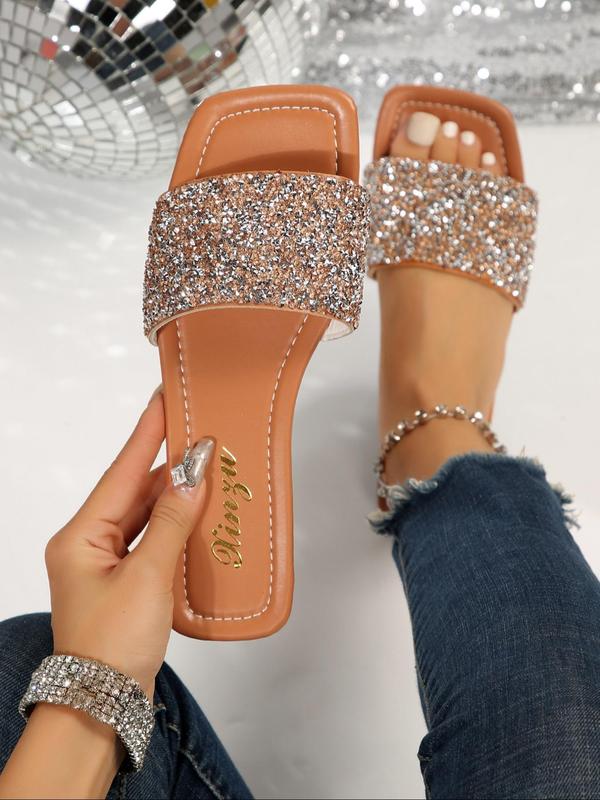 Women's Elegant Rhinestone Decor Slip on Sandals, 2024 Summer Casual Square Toe Slide Sandals for Beach, Fashion Trendy All-match Exquisite Sandals for Women & Girls for Back To School