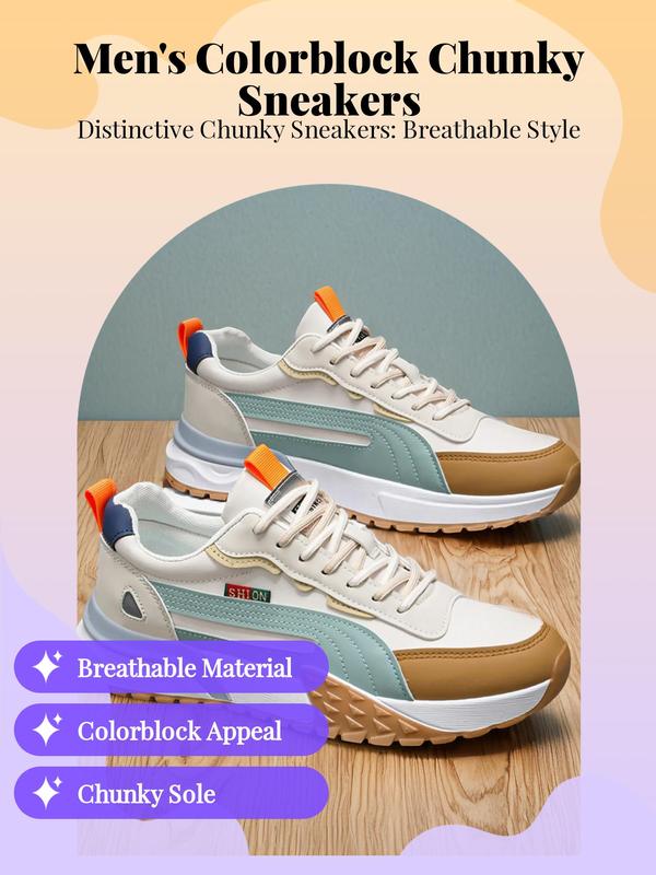 Men's Colorblock Patched Design Lace Up Front Low Top Chunky Sneakers, Casual Comfortable Breathable Sports Running Shoes, Fashionable Casual Sneakers for Daily Wear, Streetwear Shoes for Fall 2024