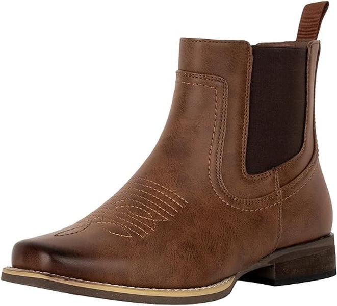 Western Cowboy Boots for Men - Square Toe Chelsea Boots Ankle Casual Retro Stylish Boots Brown Classic Comfort Walking men Shoes