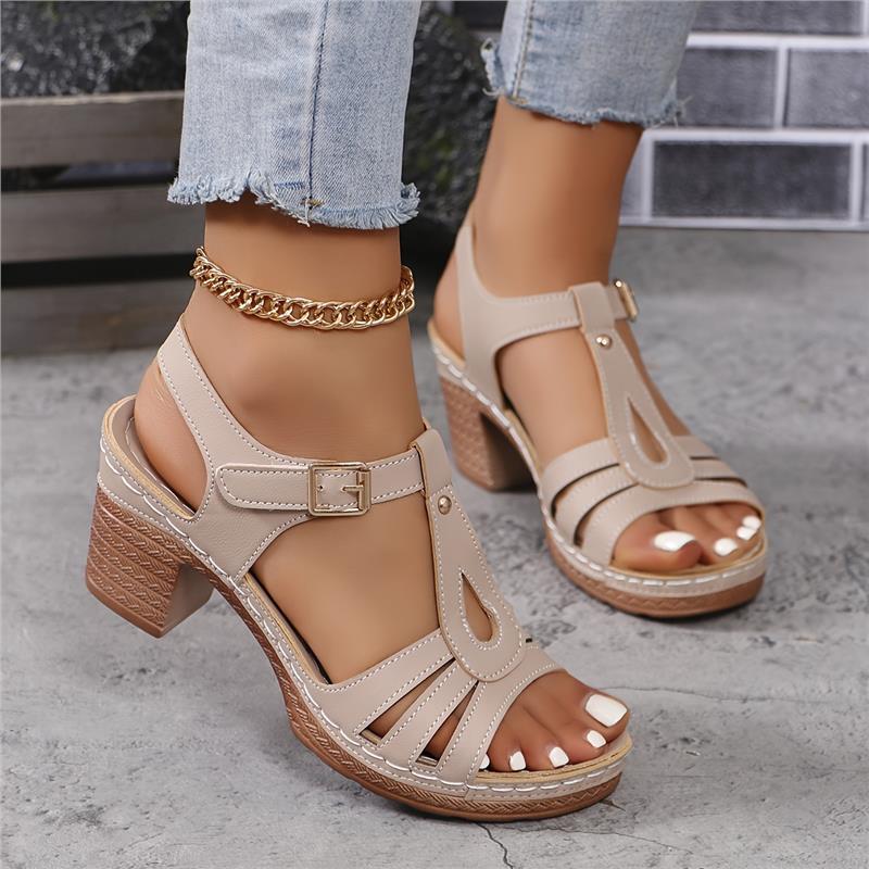 Women's Solid Color Casual Sandals, Ankle Buckle Strap Soft Sole Chunky Heels, Hollow Out Casual Wear Shoe Footwear Summer Girl Walking Shoes Tactical