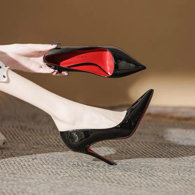 High Heels Bed Cannon Shoes Women's Stiletto Heel New Black and Red Background plus Size Pointed Toe Pumps