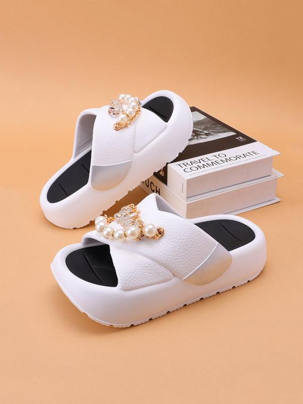 Women's Minimalist Faux Pearl Decorated Platform Slides, Casual Soft Comfortable Home Walking Shoes for Women & Girls, All-match Slides for Women, House Slippers for Indoor & Outdoor Wear