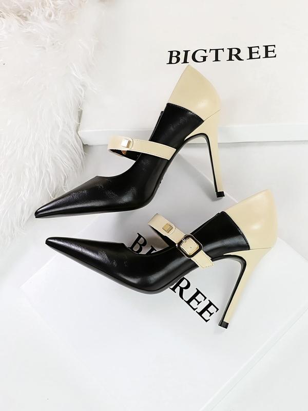 Women's Fashionable Solid Color Stiletto Heels, Buckle Patched Design Pointed Toe High Heels for Party, Daily Wear