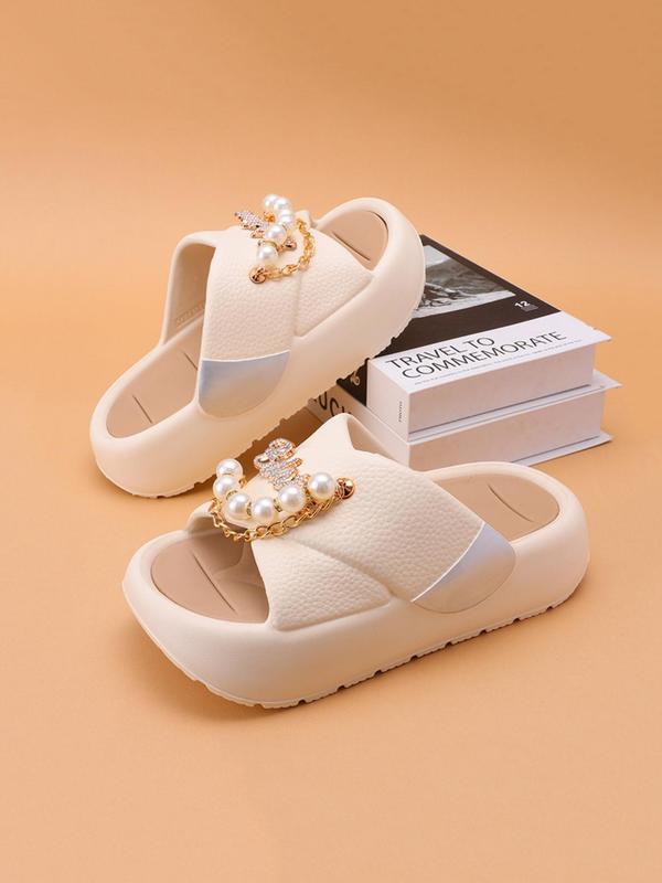 Women's Minimalist Faux Pearl Decorated Platform Slides, Casual Soft Comfortable Home Walking Shoes for Women & Girls, All-match Slides for Women, House Slippers for Indoor & Outdoor Wear