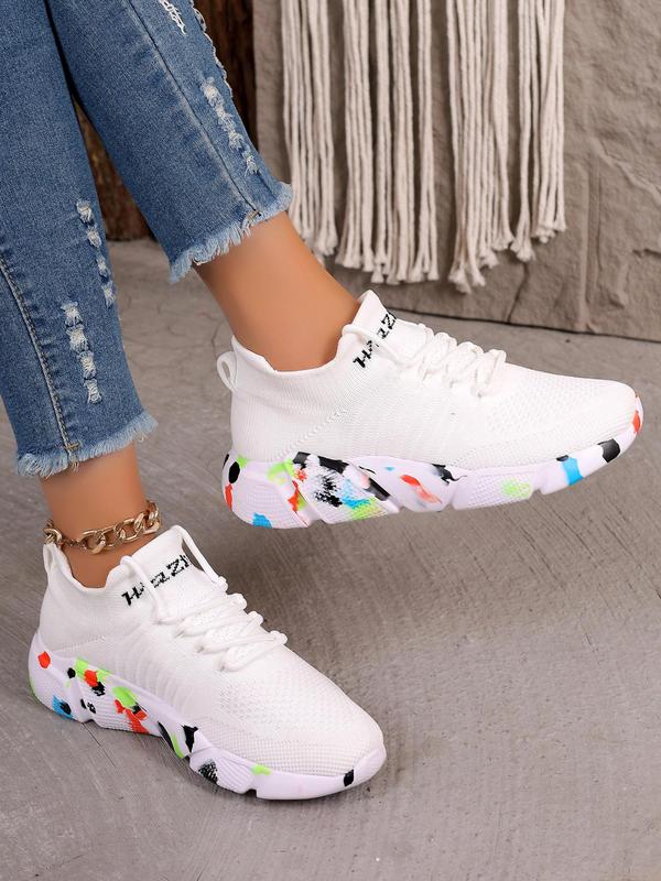 Women's Fashionable Colorblock Letter Pattern Lace Up Front Low Top Sneakers, Casual Comfortable Breathable Sports Running Shoes, All-match Round Toe Chunky Sneakers for Daily Wear