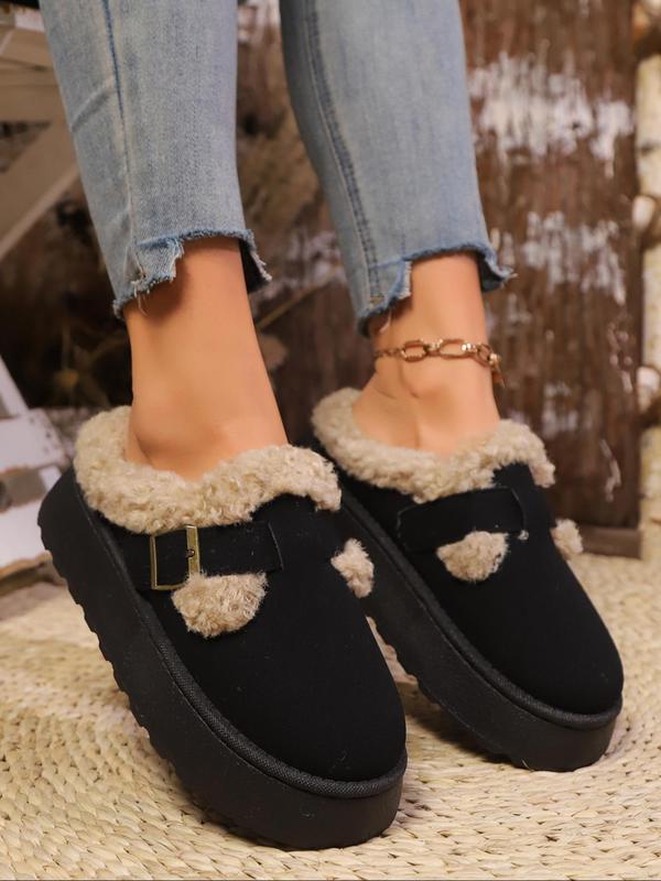 Women's Fashionable Contrast Faux Fur Belted Design Slippers, Casual Comfortable Home Slippers for Winter, Fluffy Warm Slippers for Indoor & Outdoor