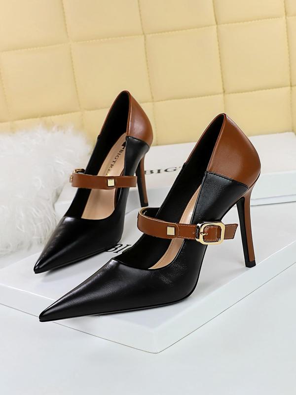 Women's Fashionable Solid Color Stiletto Heels, Buckle Patched Design Pointed Toe High Heels for Party, Daily Wear