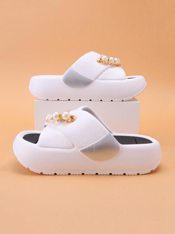 Women's Minimalist Faux Pearl Decorated Platform Slides, Casual Soft Comfortable Home Walking Shoes for Women & Girls, All-match Slides for Women, House Slippers for Indoor & Outdoor Wear