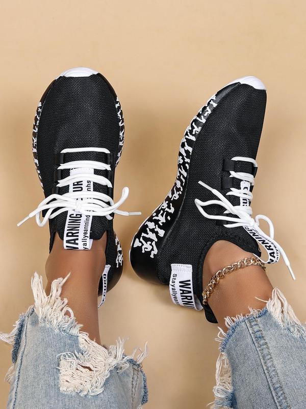 Summer 2024 Sportive Lace Up Low Top Sneakers for Trainer & Runner, Fall Casual Trendy Breathable Lightweight Sports Shoes, Letters Pattern Athletic Footwear, Shoes for Women