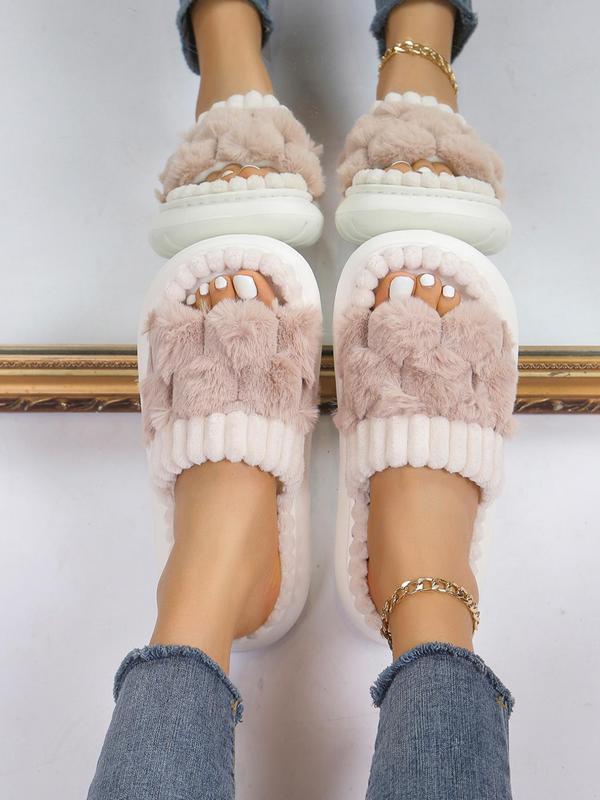 Women's Solid Color Fluffy Plush Slippers, Casual Soft Comfortable Home Slippers, Warm House Slippers for Indoor & Outdoor Use for Fall & Winter