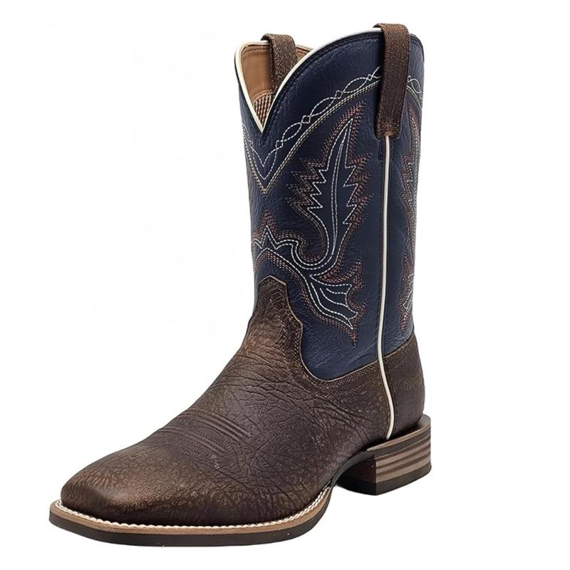 Men’s Western Cowboy Boots - Navy Blue, Mid Calf, Square Toe, Leather, Medium Size, Pull-On - Walking Shoes, Footwear