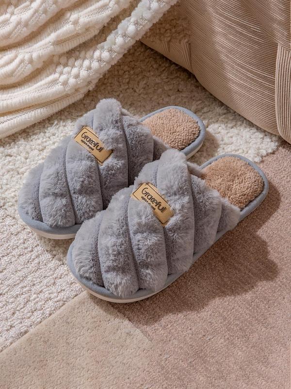 Men's Casual Letter Label Design Plush Slippers, Soft Comfortable Home Slippers, Warm Slippers for Indoor & Outdoor Use for Fall & Winter