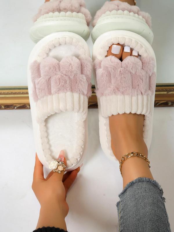 Women's Solid Color Fluffy Plush Slippers, Casual Soft Comfortable Home Slippers, Warm House Slippers for Indoor & Outdoor Use for Fall & Winter