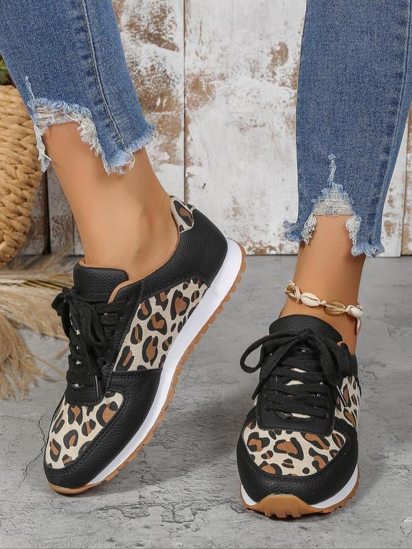 Women's 2024 Trendy Summer Fashion Leopard Pattern Casual Sneakers, Lace Up Front Low Top Summer Sneakers, Casual Comfortable Sports Shoes for Daily Wear, Patched Design Ventilate Walking Shoes, Footwear