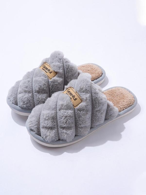 Men's Casual Letter Label Design Plush Slippers, Soft Comfortable Home Slippers, Warm Slippers for Indoor & Outdoor Use for Fall & Winter