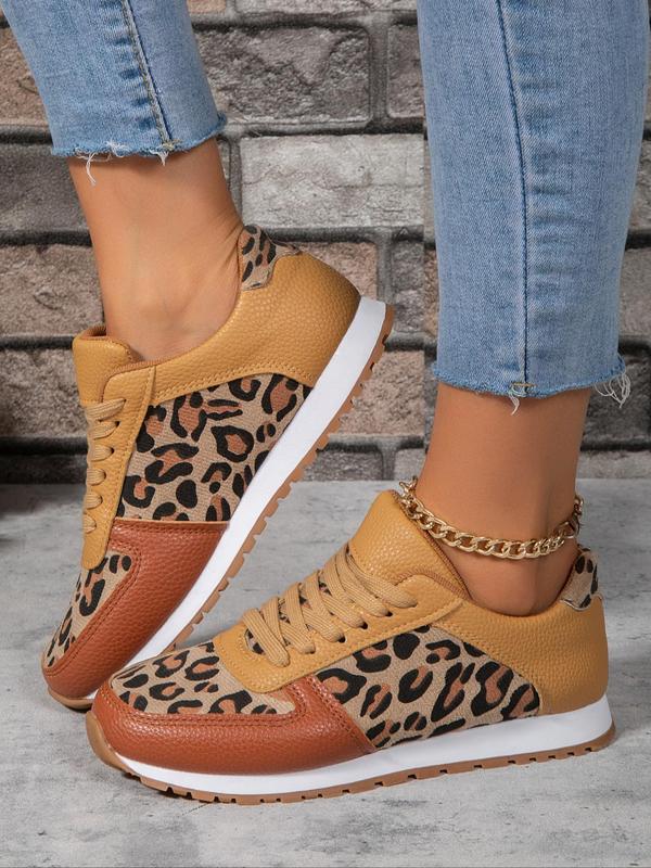 Women's 2024 Trendy Summer Fashion Leopard Pattern Casual Sneakers, Lace Up Front Low Top Summer Sneakers, Casual Comfortable Sports Shoes for Daily Wear, Patched Design Ventilate Walking Shoes, Footwear