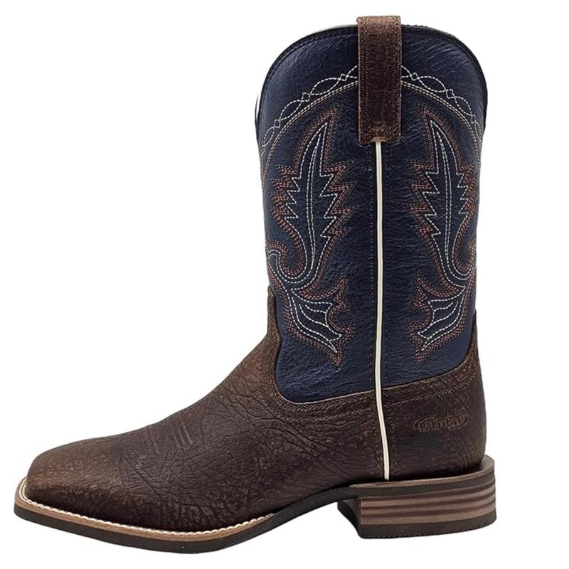 Men’s Western Cowboy Boots - Navy Blue, Mid Calf, Square Toe, Leather, Medium Size, Pull-On - Walking Shoes, Footwear