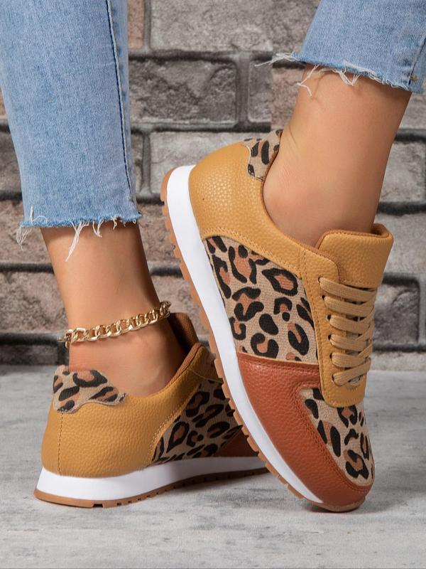 Women's 2024 Trendy Summer Fashion Leopard Pattern Casual Sneakers, Lace Up Front Low Top Summer Sneakers, Casual Comfortable Sports Shoes for Daily Wear, Patched Design Ventilate Walking Shoes, Footwear