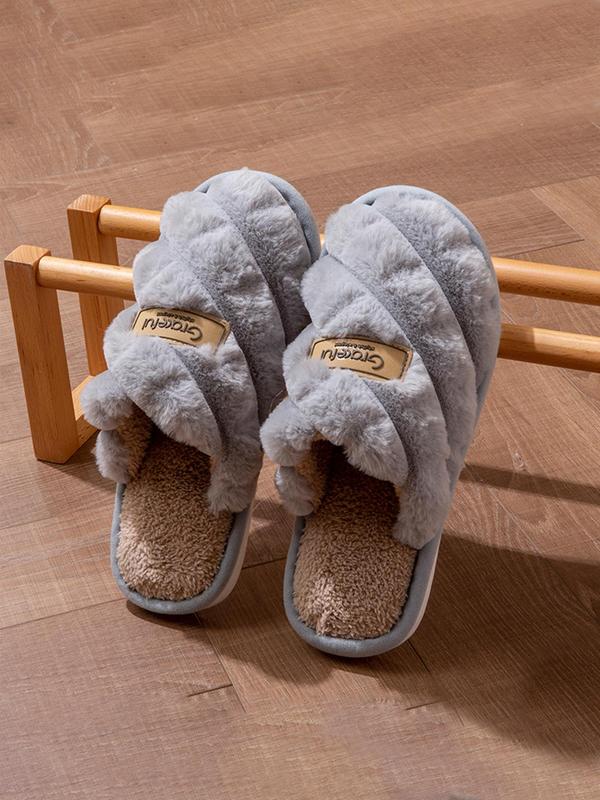 Men's Casual Letter Label Design Plush Slippers, Soft Comfortable Home Slippers, Warm Slippers for Indoor & Outdoor Use for Fall & Winter