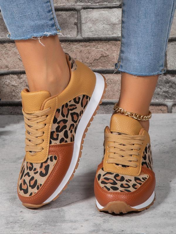 Women's 2024 Trendy Summer Fashion Leopard Pattern Casual Sneakers, Lace Up Front Low Top Summer Sneakers, Casual Comfortable Sports Shoes for Daily Wear, Patched Design Ventilate Walking Shoes, Footwear