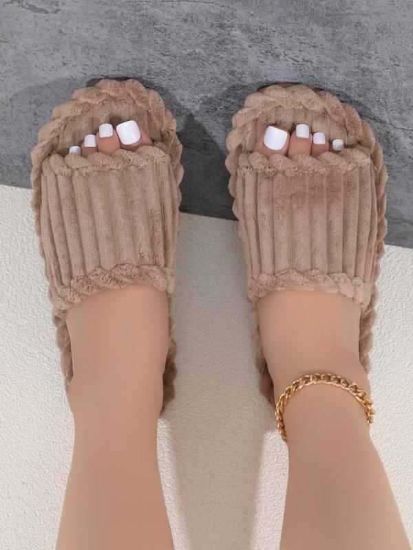 Women's Simple Plain Brown Knitted Striped Slippers, Casual Comfortable Soft Home Slides for Fall & Winter, Girl's Walking Shoes, Footwear