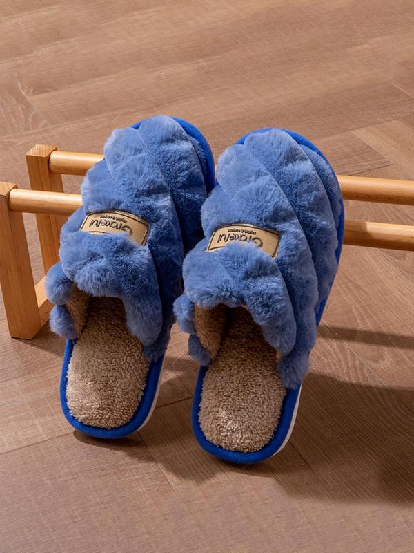 Men's Casual Letter Label Design Plush Slippers, Soft Comfortable Home Slippers, Warm Slippers for Indoor & Outdoor Use for Fall & Winter