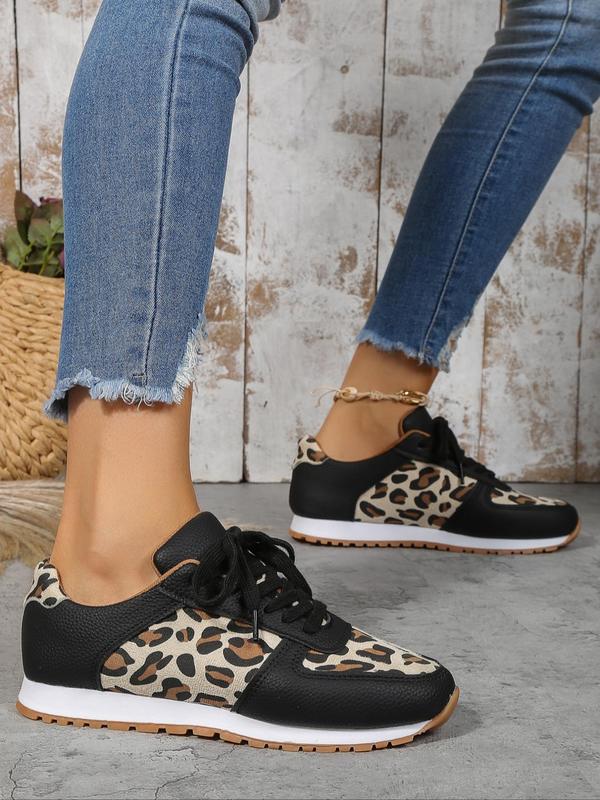 Women's 2024 Trendy Summer Fashion Leopard Pattern Casual Sneakers, Lace Up Front Low Top Summer Sneakers, Casual Comfortable Sports Shoes for Daily Wear, Patched Design Ventilate Walking Shoes, Footwear