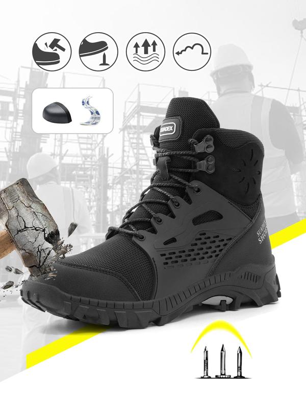 Men's Letter Print Lace Up Front High Top Safety Shoes, Casual Breathable Comfortable Non-slip Work Shoes, Hiking Boots, Work Sneakers, Smash-proof and Stab-proof Work Trainers for Outdoor Workers, Gym Shoes Tactical Shoes